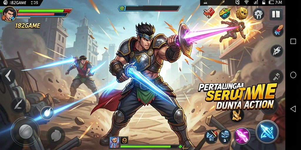 Screenshot gameplay <strong>182GAME</strong> menampilkan aksi pertarungan yang intens dan karakter dinamis.