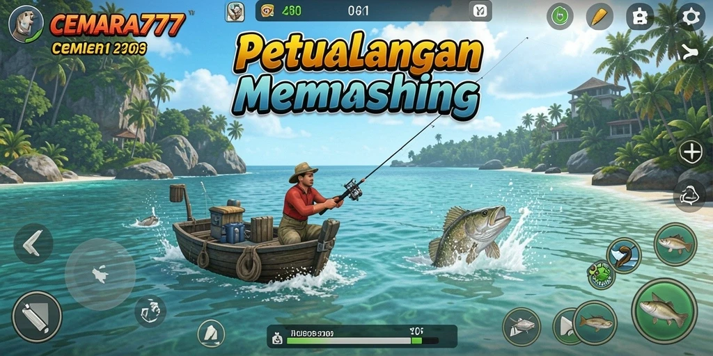 Screenshot menampilkan gameplay CEMARA777 dengan aksi memancing seru.