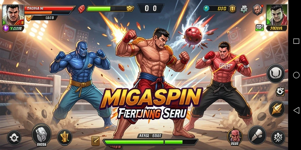 Screenshot MIGASPIN menunjukkan aksi pertarungan yang intens dan penuh aksi.