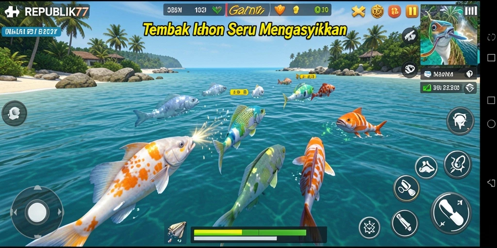Gameplay REPUBLIK77 menembak ikan yang seru dan menantang.
