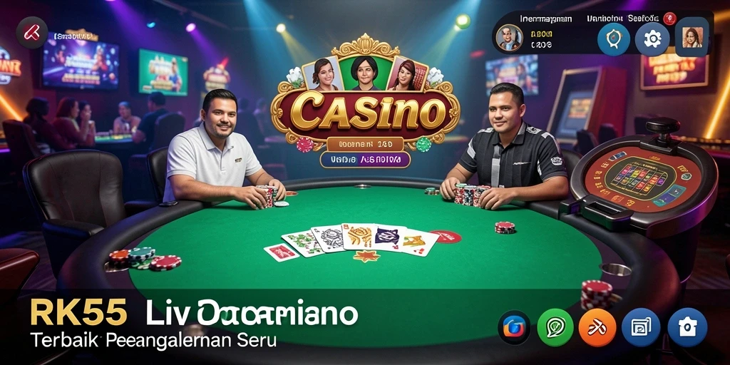 Screenshot game RK55 menunjukkan dealer langsung yang berinteraksi dengan pemain.